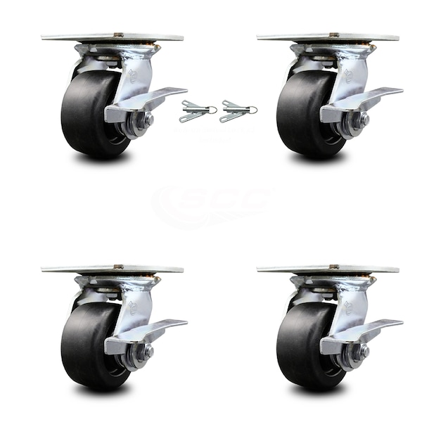 Service Caster 4 Inch Polyolefin Caster Set with Roller Bearing 4 Brake and 2 Swivel Lock SCC SCC-35S420-POR-SLB-BSL-2-SLB-2 - main